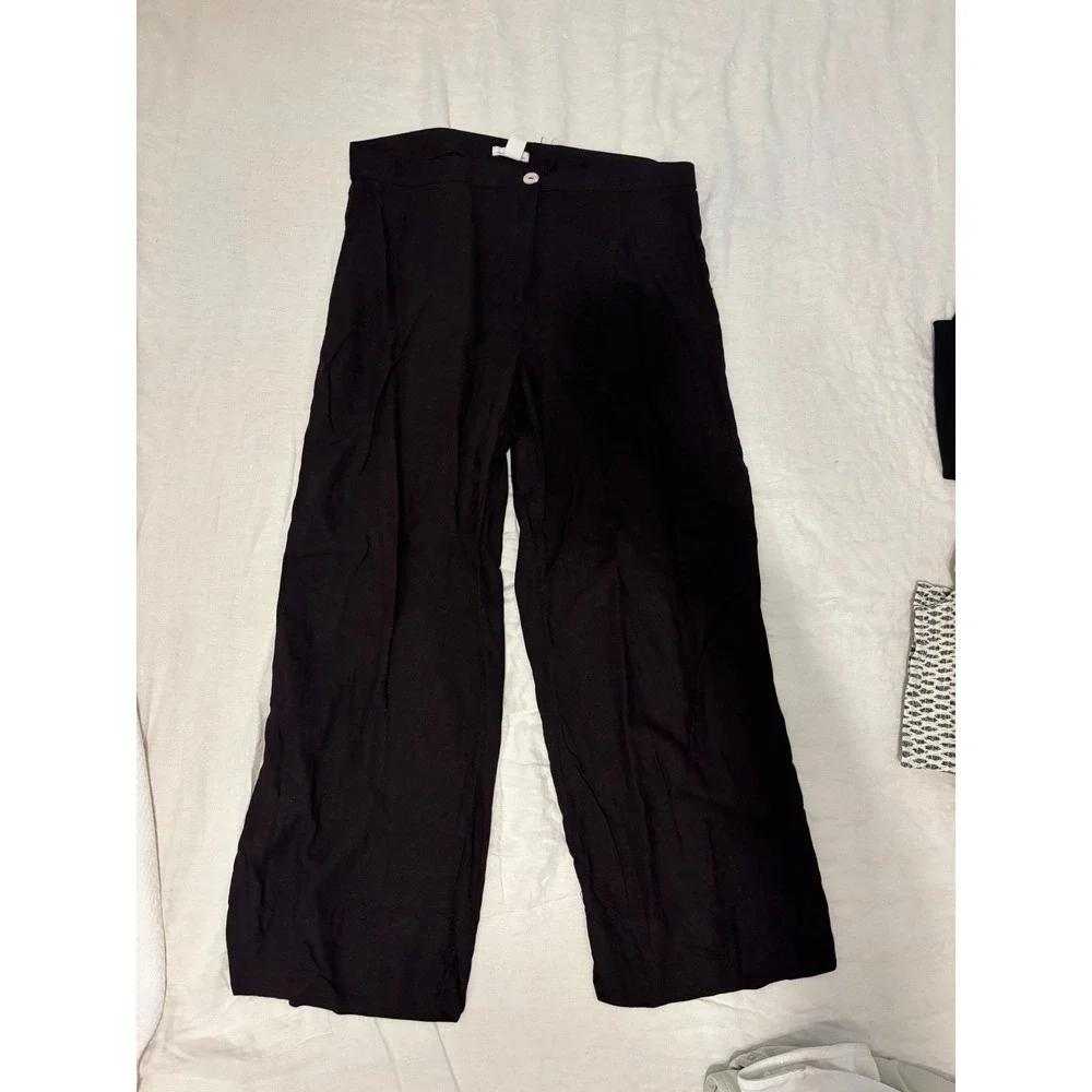 HM Wide Leg Linen Blend Trousers Dark Plum Purple Brown High Rise Pants Size 14